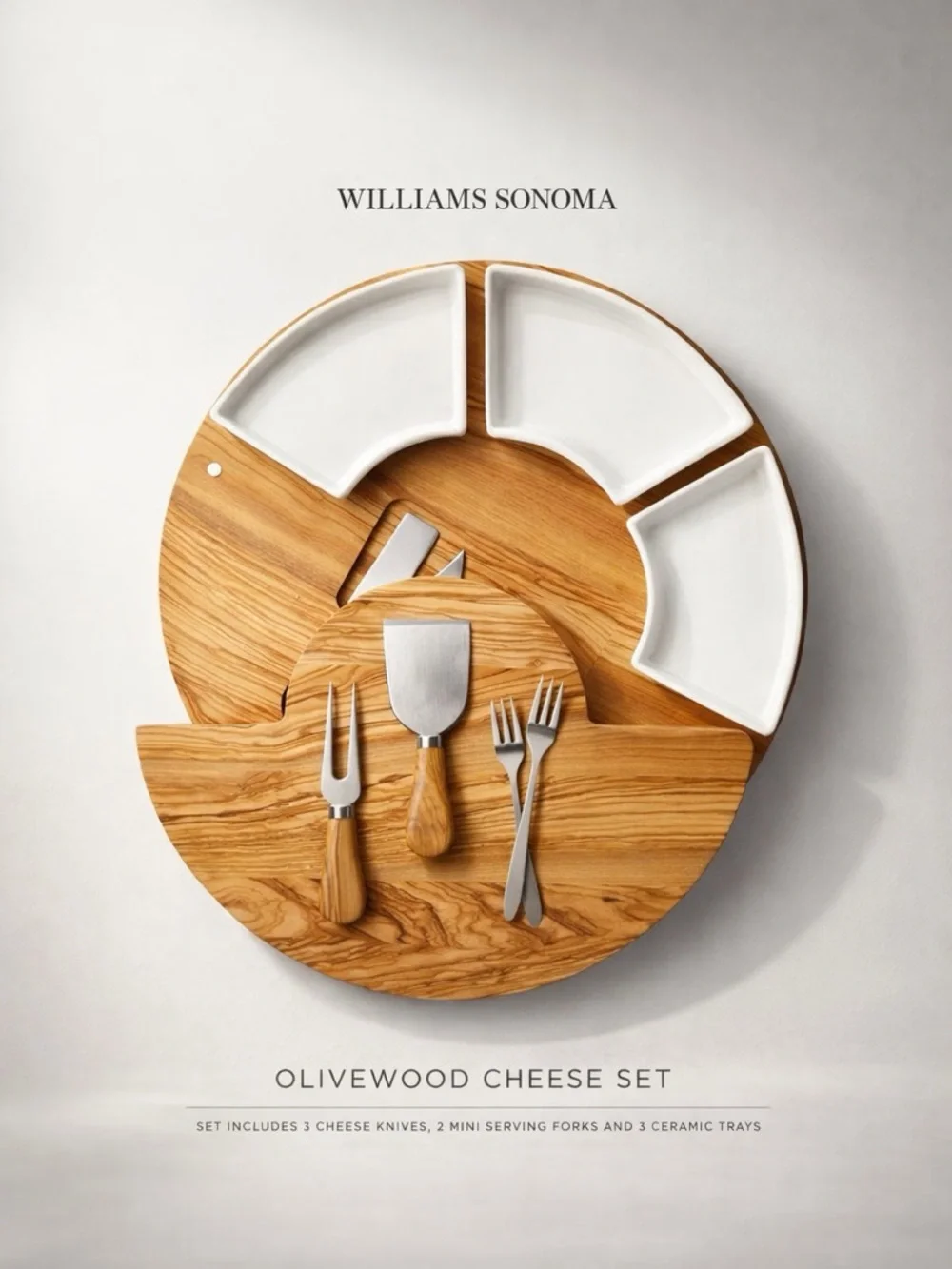Williams Sonoma Olivewood Cheese Board with White Ceramic Dishes